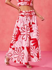 VALERIA GALIPOLI Designer Pink Playful Floral Print Ruffle Elastic Waistband Bow Ruched Vacation Maxi Skirt, High Waisted Skirt Festival, Ibiza Fits Summer Casual Cute BOHO Brunch Women Cruise Skirt