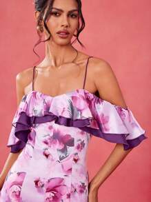 By Lucila Fernandez 设计师波西米亚风紫色花卉印花露肩荷叶边连体衣，适合女性节日、热带、夏季、海滩、音乐会、优雅、度假 - 紫色 - 查看 2