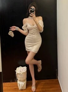 DAZY 女士链条饰边丝绒紧身连衣裙派对女士吊带裙返校礼服奢华舞会礼服亮片性感连衣裙闪亮连衣裙 - 杏色 - 查看 3