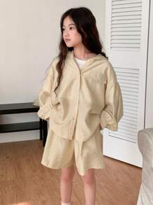 Dazy Kids 2pcs Tween Girl Plain Front Button Long Sleeve Top And Shorts Set - Yellow - View 1