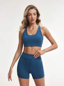Slayform Slayform Sujetador deportivo de espalda descubierta de unicolor minimalista para mujer - Azul - Ver 2