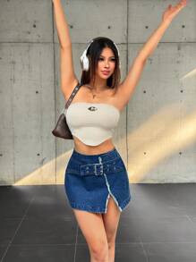 SHEIN EZwear Falda vaquera de mujer con diseño de cierre a presión y abertura lateral