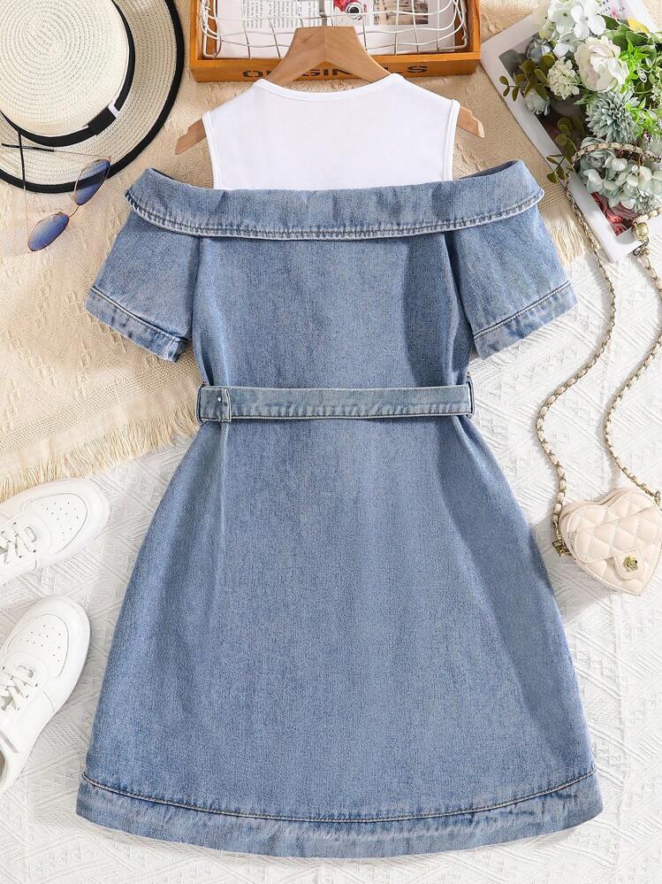 少女撞色露肩连衣裙 - 白色 - 查看 2