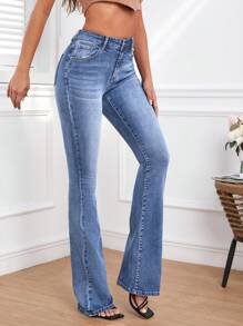SHEIN Tall Women's Pocketed Flared Casual Versatile Denim Jeans - Light Wash - View 1