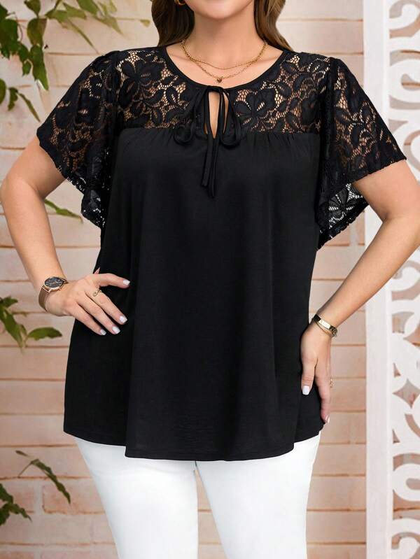 EMERY ROSE Plus Size Women Front Tie Lace Patchwork Casual Blouse,Suitable For Summer,Summer Outfits For Women,Summer Outfits For Women,Western Wear Women Tunic Top