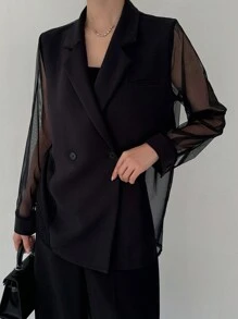DAZY Women Mesh Patchwork Transparent Suit Jacket Women Blazers Business Attire - Black - View 2