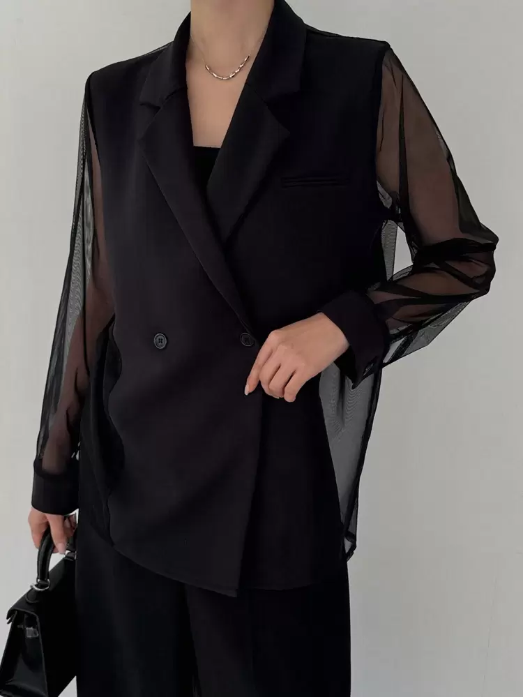 Women Mesh Patchwork Transparent Suit Jacket Women Blazers Business Attire