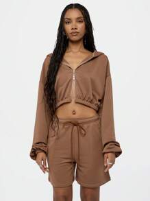 SUMWON WOMEN Cropped Zip-Up Hoodie With Elastic Hem Athleisure Workout Sports Casual Lounge Wear Spring Summer Streetwear Fashion Hooded Sweatshirt