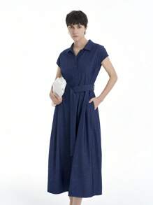 Aalyst Women's Solid Color Short Sleeve Button Pocket Casual Shirt Dress - Medium Wash - View 2