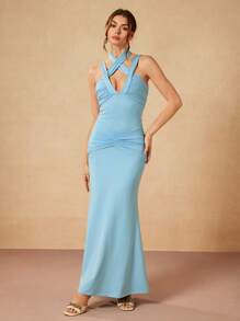 Oxana 设计师蓝色纯色平纹针织褶皱露背领 V 领美人鱼下摆优雅长裙节日服装、音乐会服装、婚礼、舞会礼服