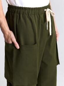 Ontre Men's Solid Color Lace-Up Pocket Casual Long Pants - Army Green - View 7