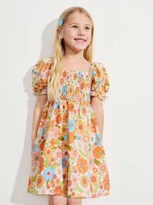 SHEIN Young Girls' Colorful Ditsy Floral Front Cable Puff Sleeve Yellow Dresses - Yellow - View 1