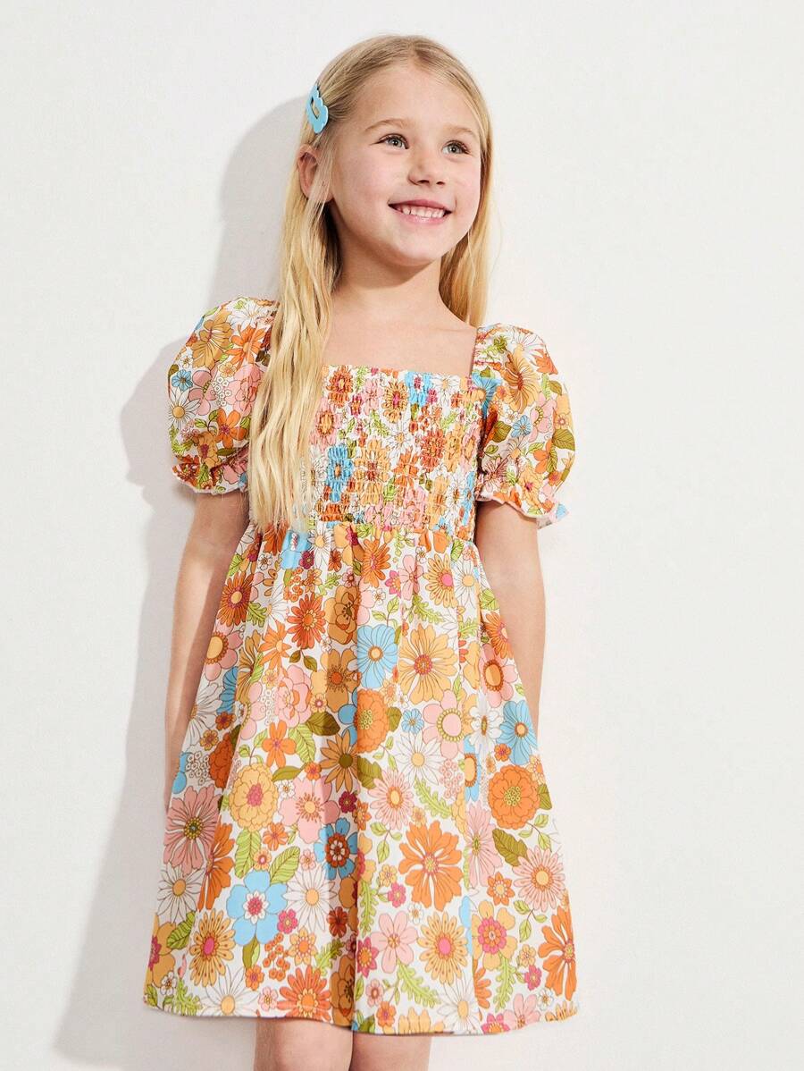 SHEIN Young Girls' Colorful Ditsy Floral Front Cable Puff Sleeve Yellow Dresses - Yellow - View 1
