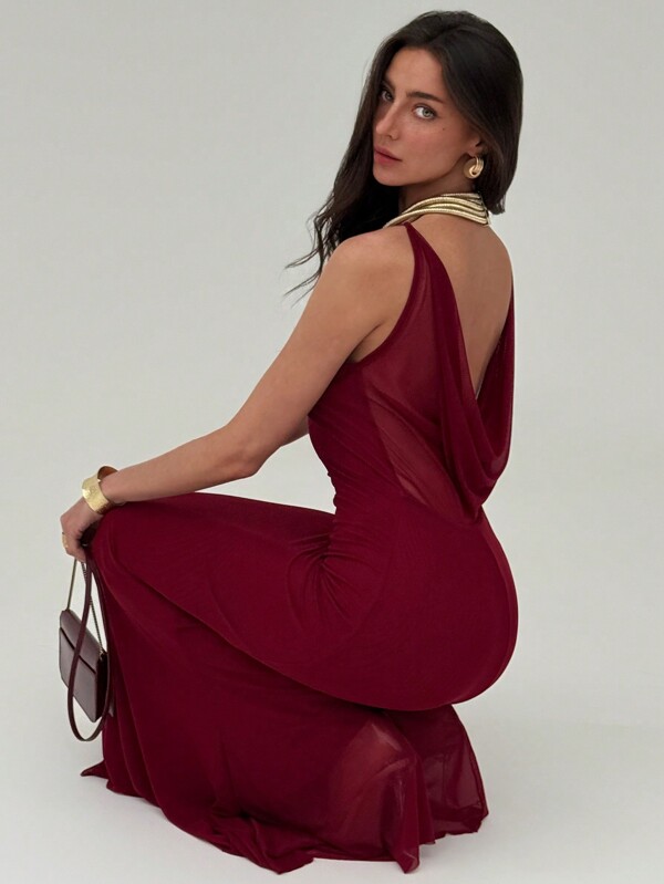 Aloruh Vestido largo para mujer con cuello en V, espalda descubierta, tirantes de espagueti, de malla, de corte ceñido, de color borgoña, para cita romántica de San Valentín