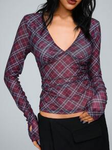 TRNVIE Plaid V-Neck Thumb Hole Tight Fit Top Fall Cloth For Women