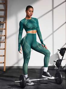 Powerista Seamless Women Polka Dot Print Raglan Sleeve T-Shirt And Leggings Sport Suit - Dark Green - View 6