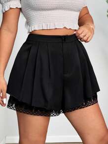 SHEIN Clasi Plus Size Solid Color Front Button Hollow Splice Simple Casual Shorts - Black - View 5