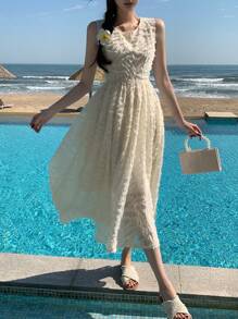 DAZY Abito midi senza maniche con texture, abito estivo casual, vestiti da donna - Beige - Visualizzare 1