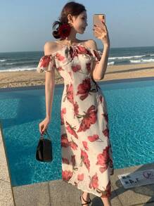 DAZY Đầm midi nữ thanh lịch in hoa, hở vai, xếp ly, thích hợp cho kỳ nghỉ. - Màu be - Xem 8