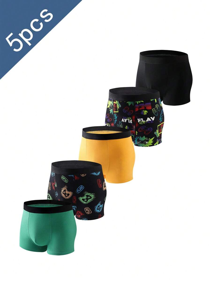 SHEIN 5pcs/Pack Boys' Video Game Pattern Comfortable Soft Boxer Briefs, Kids/Teens - Multicolor - View 1