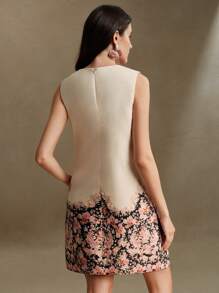 Anewsta Women's Elegant Floral Pattern Rhinestone Embellished Sleeveless Round Neck Mini Dress, Suitable For Festivals, Going Out, Vacations