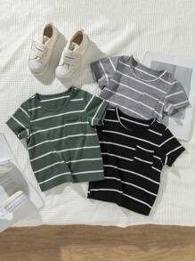 SHEIN Vintaside Kids 3 pièces Ensemble de Top rayé unisexe pour bébé garçon, noir, gris et vert olive - Couleurs assorties convenant à toutes les occasions en été. Vêtements de bébé garçon, hauts pour bébés garçons, vêtements pour garçons, vêtements de bébé garçon, hauts pour bébés garçons