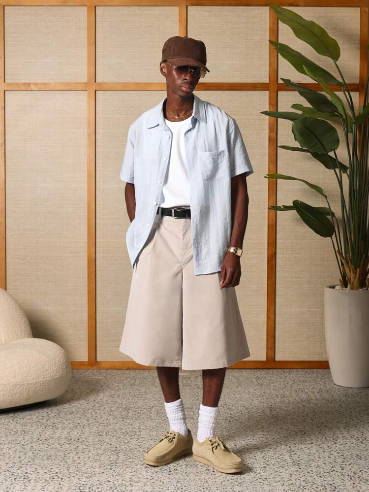 Linen-Look Collared Short Sleeve Button-Down Shirt