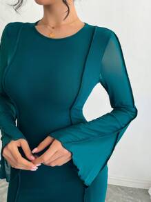 DAZY Stylish Patchwork Fish Tail Hem Women Fall Dress Prom Dress Elegant,Ruffle Long Sleeve Dress - Cadet Blue - View 5