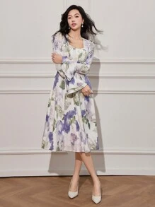 DAZY 女式花卉印花方领喇叭袖口中长连衣裙，荷叶边，秋季连衣裙长袖连衣裙