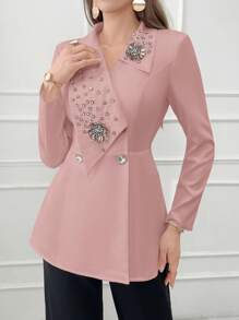 Modelyn Women Elegant Asymmetric Collar Rhinestone Decor Blazer Jacket