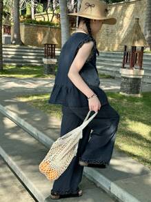 DAZY Tween Girl Sleeveless Denim Outfit, Spring/Summer Vacation - Dark Wash - View 2