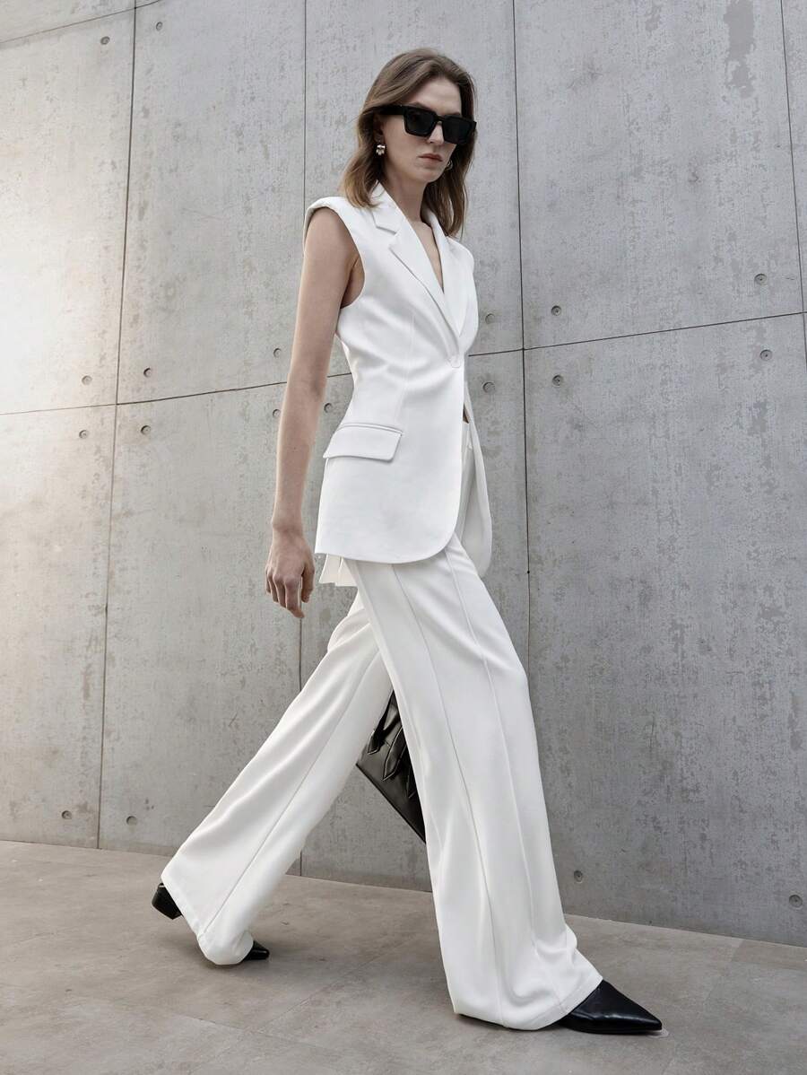 Ontre 女士直筒休闲/商务通勤白色美元钞票牙签设计裤 - 白色 - 查看 1