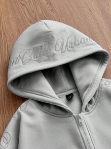 Manfinity Unisex Men's Casual Embroidered English Text Loose Knitted Zip Up Hoodie, Fall, Winter, Couple Things, Long Sleeve Top - Grey - View 4