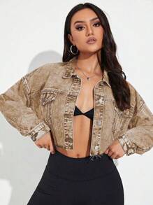 SHEIN Essnce Denim Jacket, Casual & Fashionable For Daily Wear - Khaki - View 1