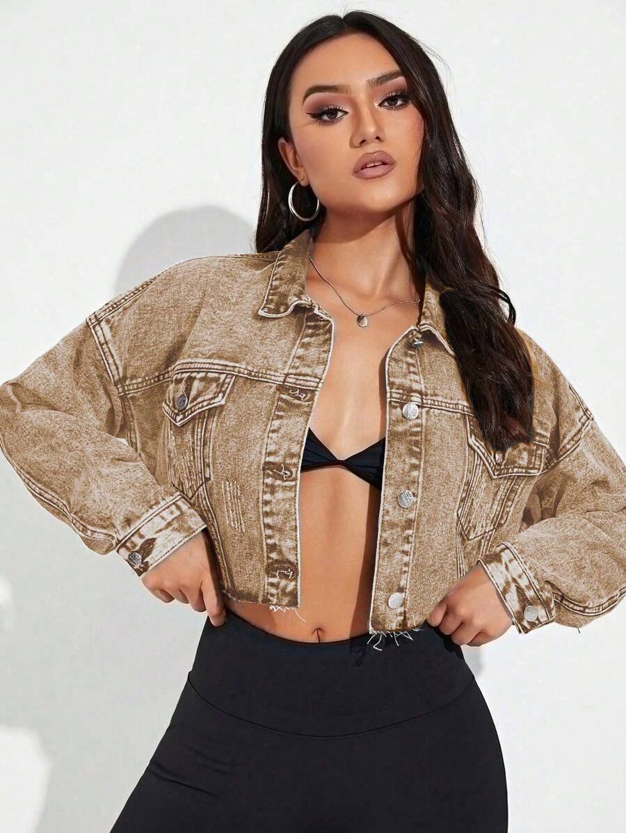 SHEIN Essnce Denim Jacket, Casual & Fashionable For Daily Wear - Khaki - View 1