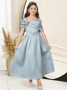 SHEIN Tween Girl Asymmetrical Neckline Short Sleeve Rhinestone Decor Elegant Dress - Green - View 5