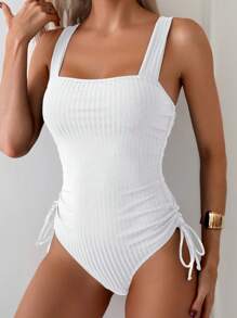 Swim Basics Women's Solid Color Wide Strap Minimalist Slim Fit Drawstring Side One-Piece Swimsuit, For Summer Beach Vacation - White - View 4