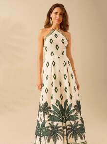 CAJUNI Women's Boho Coconut Tree Print Halter Backless Loose Jumpsuit, Vintage Casual Resort Summer Jumpsuit