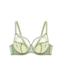 LUVLETTE Sujetador minimalista de malla verde, de encaje floral, sin relleno y transpirable, de cobertura completa para lencería y loungewear de talla grande