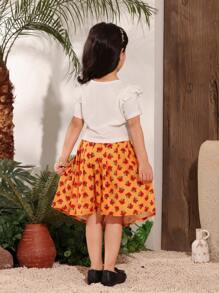 2 件套少女卡通印花圆领短袖上衣和褶皱蝴蝶印花裙 - 黃色 - 查看 2