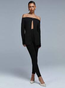 Athîral 2 Stücke/Set Damen Off-Shoulder Top und Hose Set Einfarbig, Langarm, minimalistischer Stil für den täglichen Lässig Gebrauch