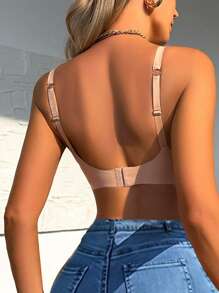 Women's Solid Color Skinny Strap Minimalist Fitted Casual Wire-Free Spaghetti Strap Bra - Pink - View 2