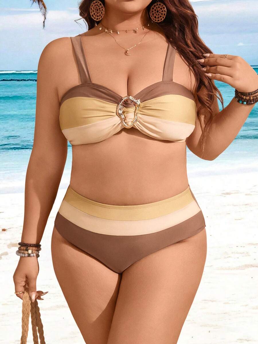 Swim Lushoire Plus Size Women Two Pieces Swimwear With Contrast Color And Asymmetrical Buckle Decor, Vacation Beachwear For Summer - Multicolor - View 1