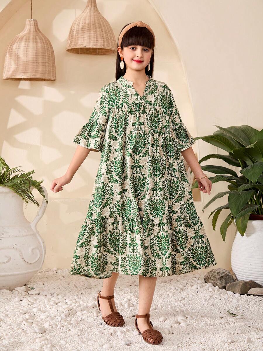Tween Girl V-Neck Allover Print Casual Dress - Green - View 1