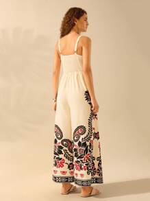 CAJUNI Women's Casual Vacation Tropical Print Cami Jumpsuits, Bohemian Summer Loose Wide Leg Rompers In Beige, Black, White Colors - Multicolor - View 2