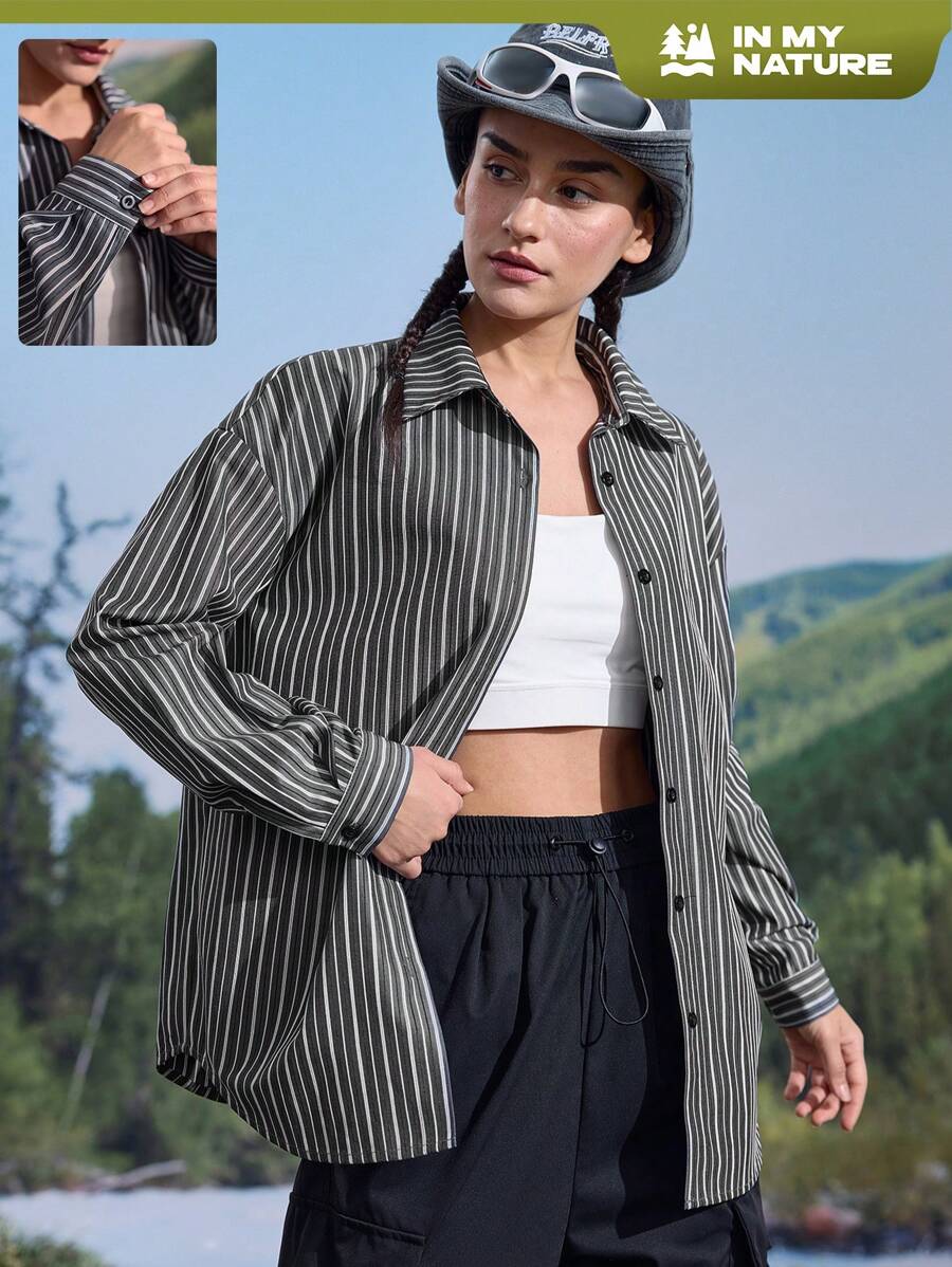 In My Nature Women's Casual Loose Striped Outdoor Shirt - Black - View 1