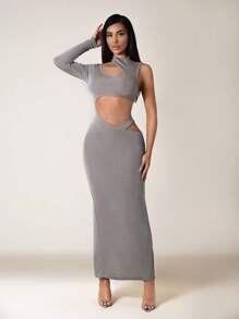 Zolique Sexy One Shoulder Long Sleeve High Neck Hollow Out Back High Slit Women Dress - Apricot - View 4
