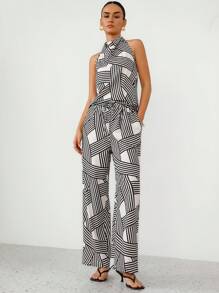 Aveloria Modichic Set de 2 piezas con top sin mangas de cuello alto impreso y pantalones con cordón, estilo minimalista para mujer