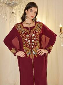 Al Najma 优雅奢华高端定制工艺女士 Jalabiya 连衣裙，阿拉伯连衣裙，端庄 - 酒紅色 - 查看 5