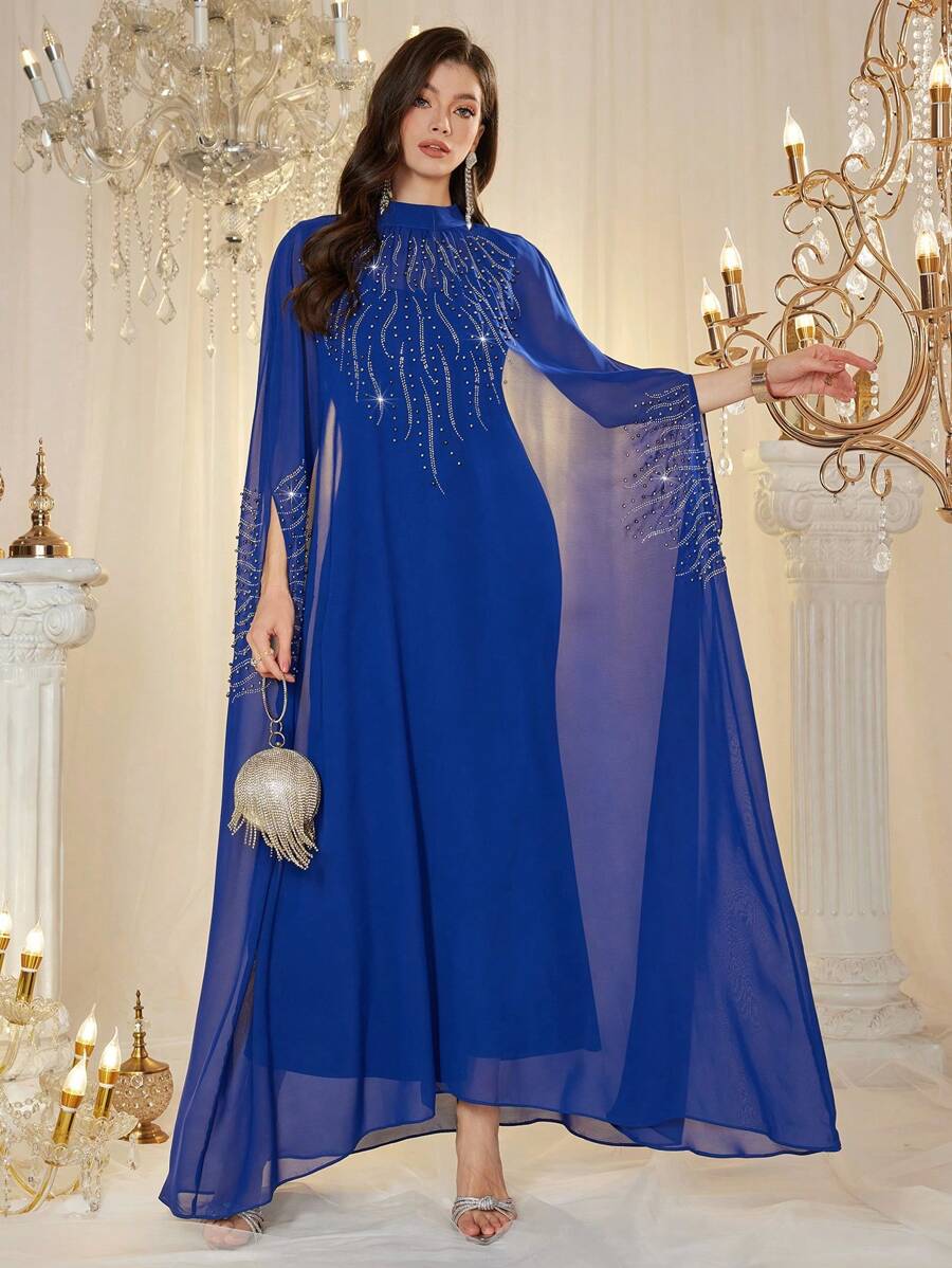 Al Najma 女士宽松紫色优雅水钻和串珠长袍 - 藍色 - 查看 1